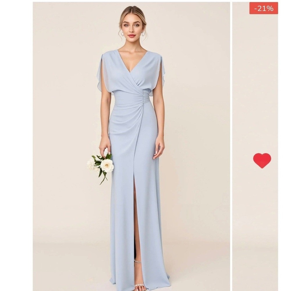 Elegant Light Blue V-Neck Maxi Dress with Front Slit